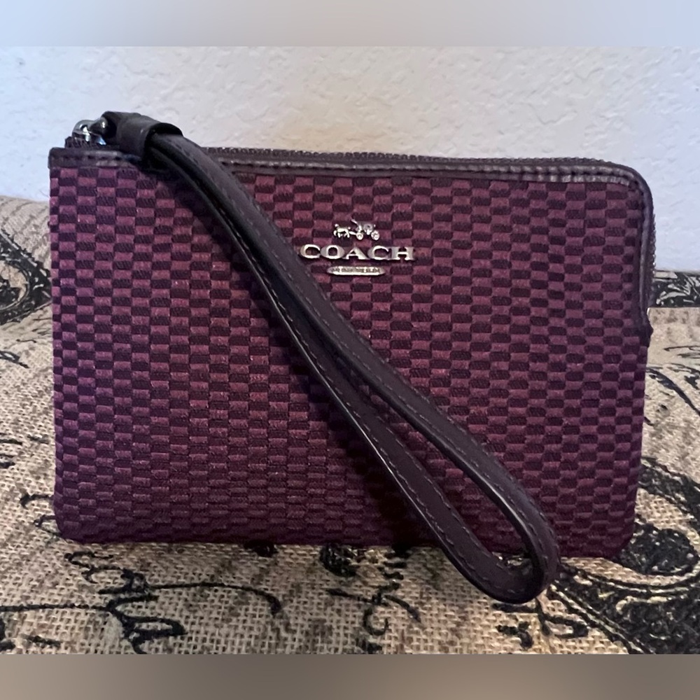 COACH Wristlet textured fabric with le trim and leather strap